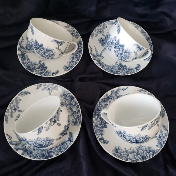 Stokes Vienna Blue Tea Set 4 Teacups & Saucers White Blue Flowers & Birds - Picture 3 of 9